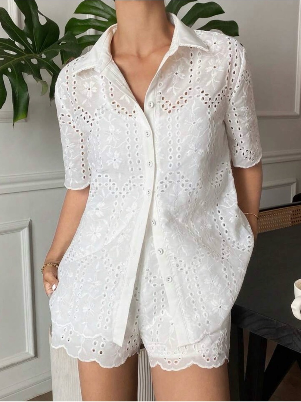 White Eyelet Button-Down Shirt and Shorts Set